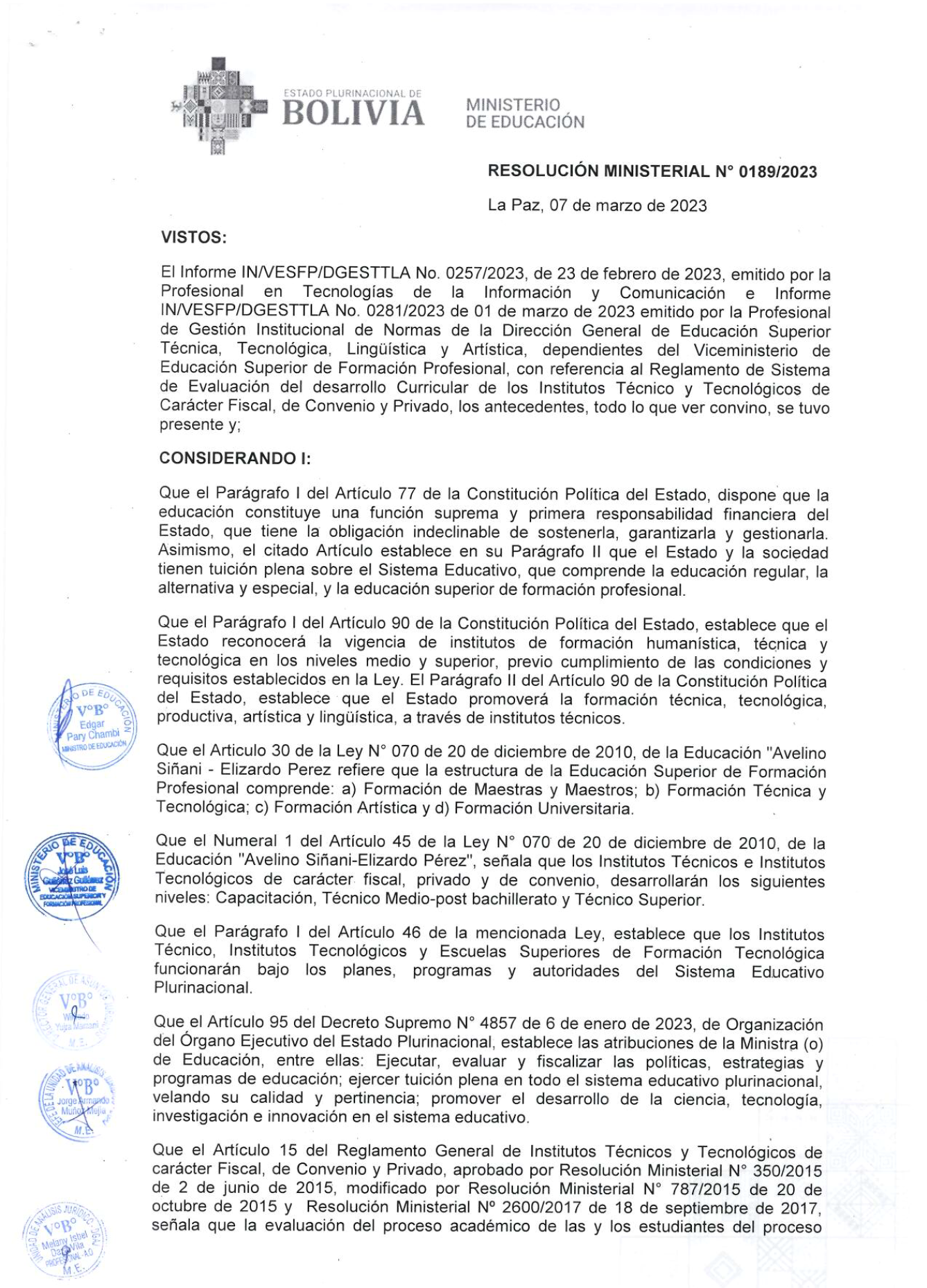 R.M. 0189/2023 Reglamento de Sistemas de Evaluación