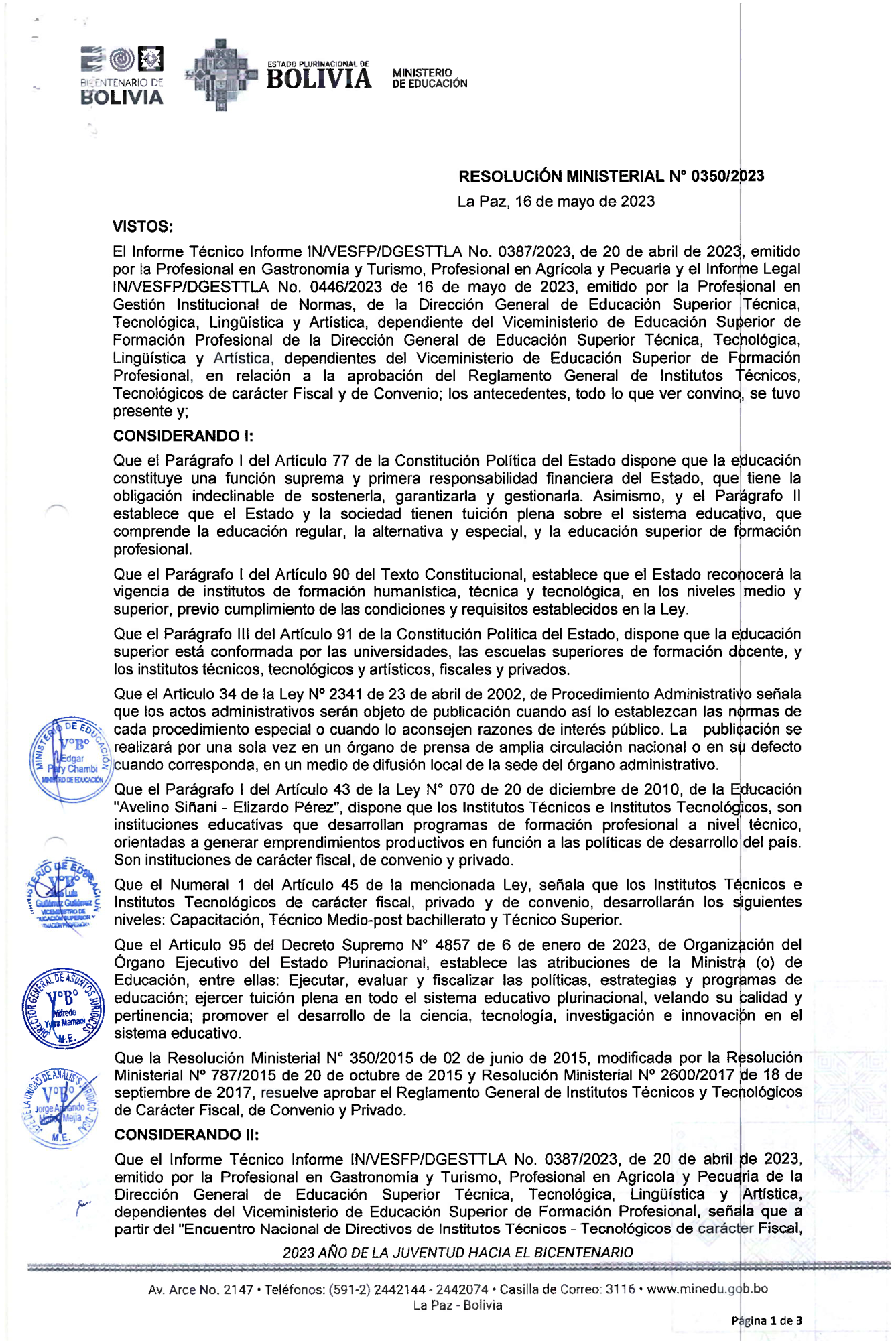 R.M. 350/2023 Reglamento General de Institutos