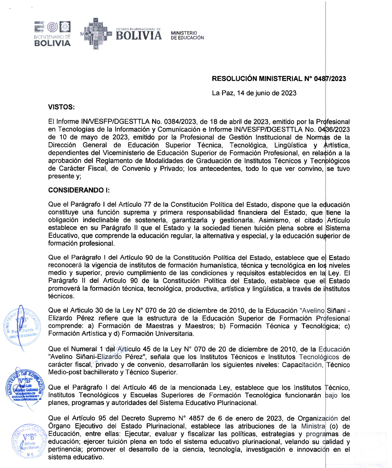 R.M. 487/2023 Reglamento de Modalidades de Graduación