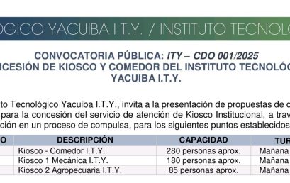 CONVOCATORIA PÚBLICA PARA CONCESIÓN DE KIOSCO Y COMEDOR| INSTITUTO TECNOLÓGICO YACUIBA I.T.Y. 2025