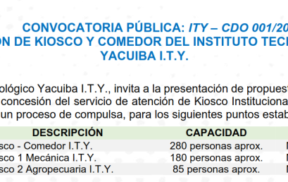 CONVOCATORIA PÚBLICA PARA CONCESIÓN DE KIOSCO Y COMEDOR| INSTITUTO TECNOLÓGICO YACUIBA I.T.Y. 2026